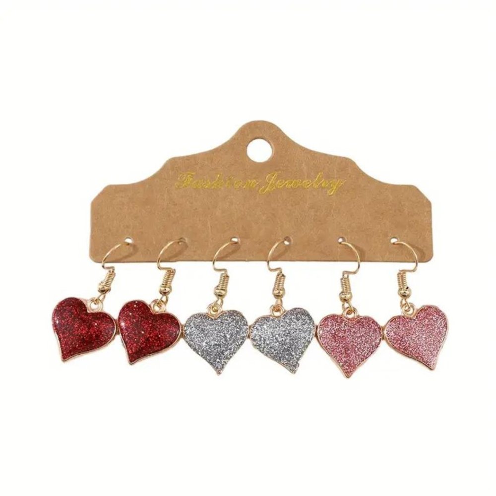New 3 Pair Glitter Heart Dangle Earrings Red Pink Silver